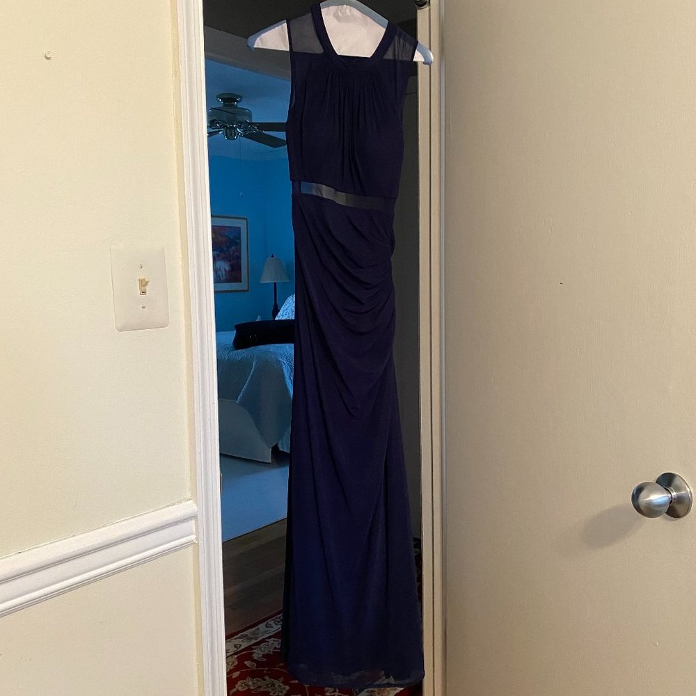 La Femme Ruched Cut Out Maxi Dress Navy Blue